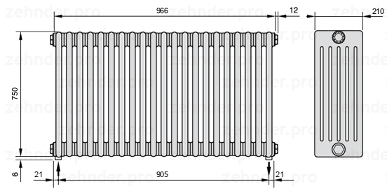 Схема (чертеж) Радиатор Zehnder Charleston 6075/21 №3570 Белый глянцевый RAL 9016